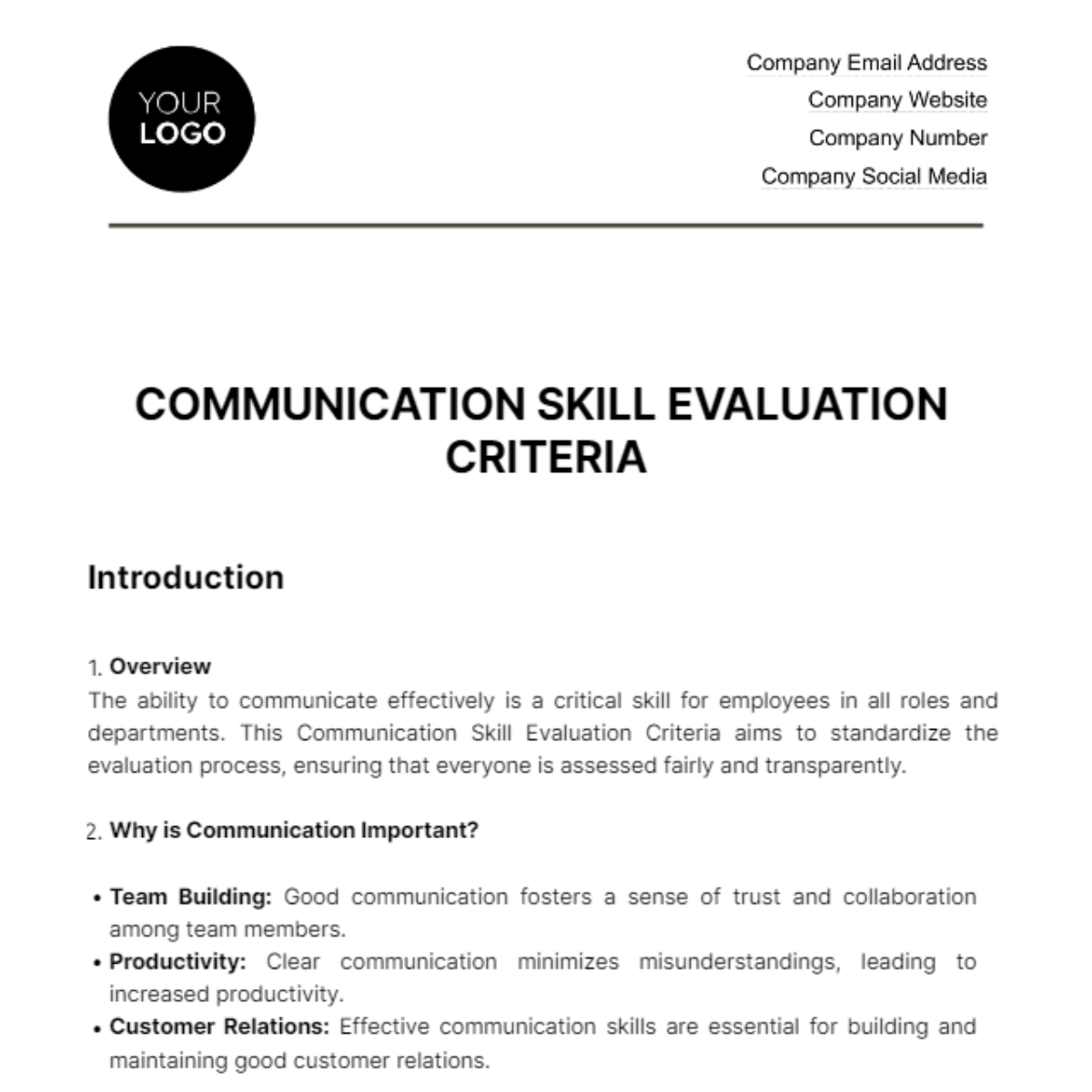 Communication Skill Evaluation Criteria HR Template - Edit Online & Download