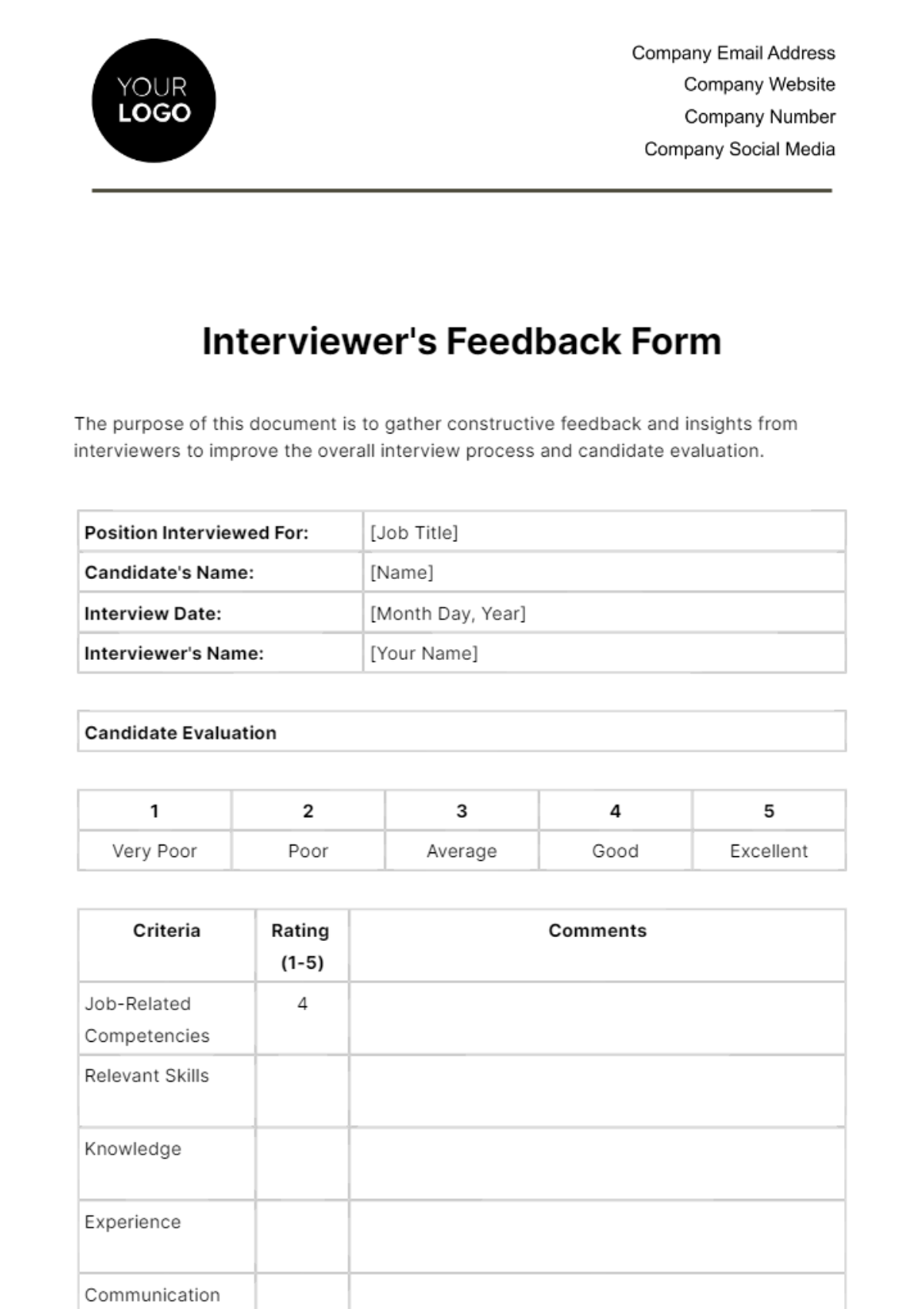 Interviewer's Feedback Form HR Template