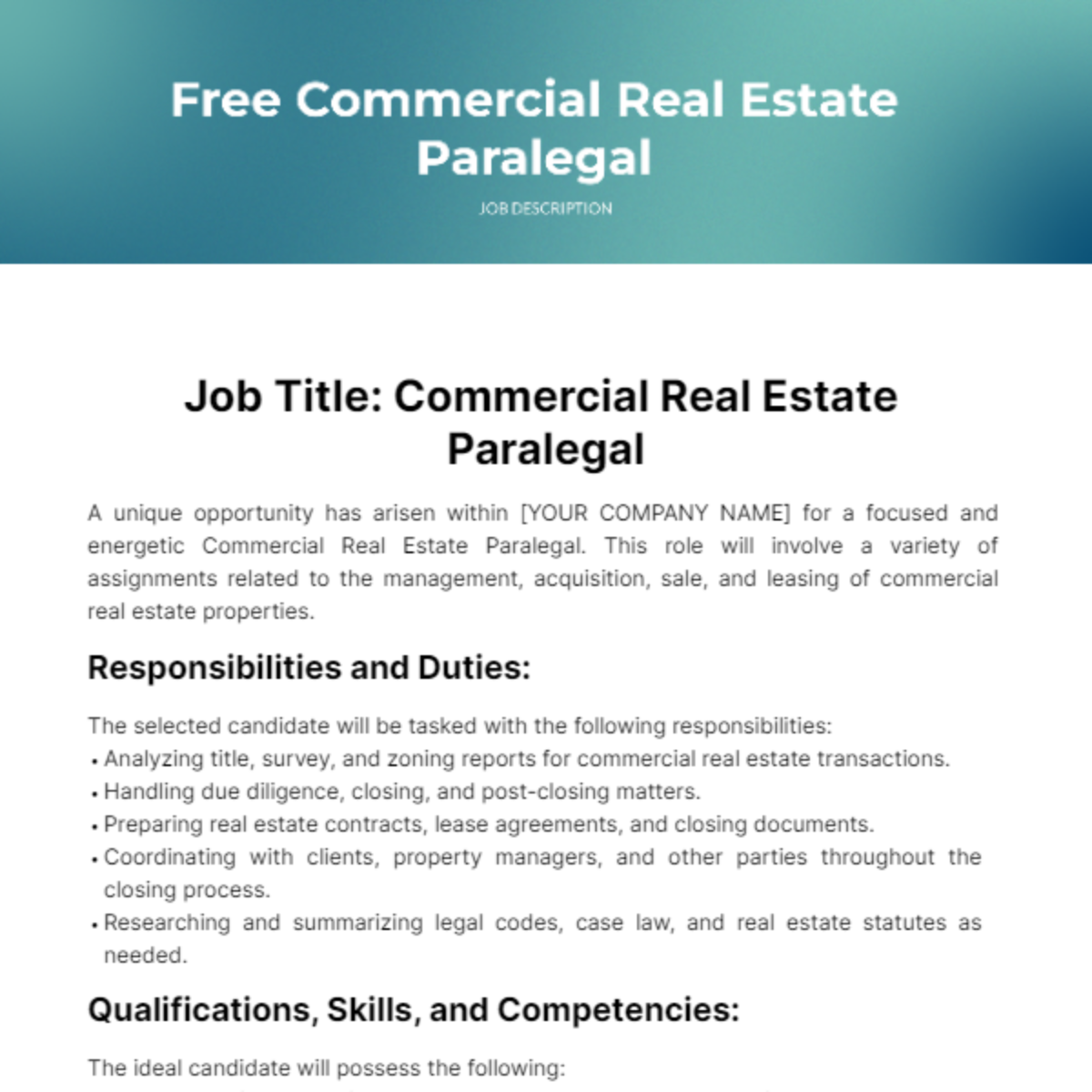 Free Commercial Real Estate Paralegal Job Description Template