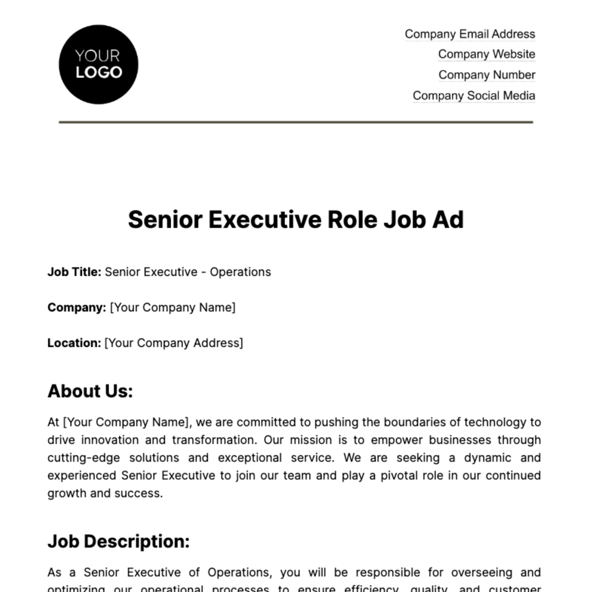 Senior Executive Role Job Ad HR Template