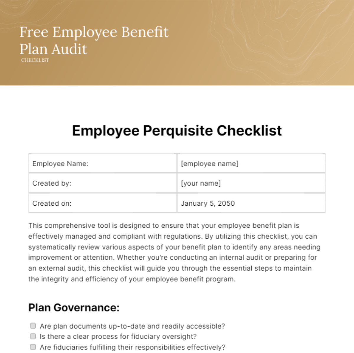 Employee Benefit Plan Audit Checklist Template