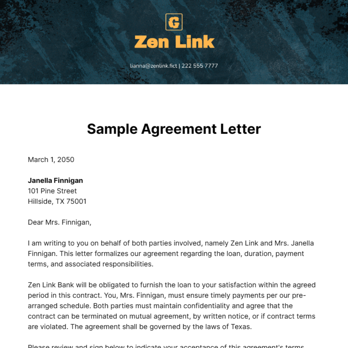 Free Sample Agreement Letter Template