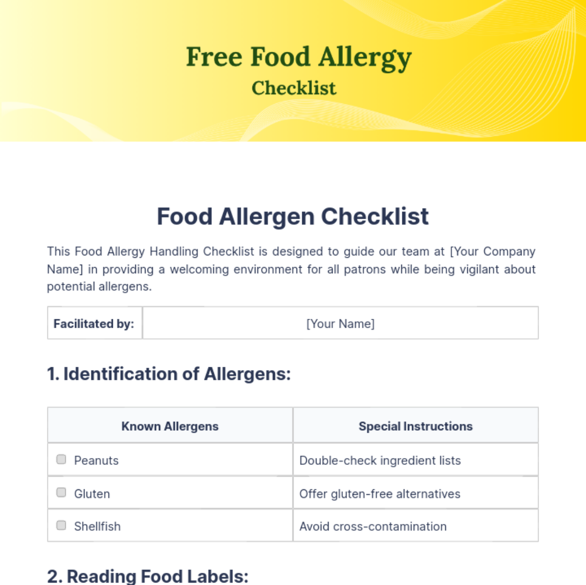 Free Food Allergy Checklist Template