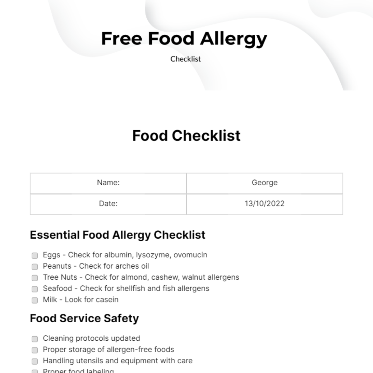 FREE Food Checklist Templates & Examples - Edit Online & Download ...