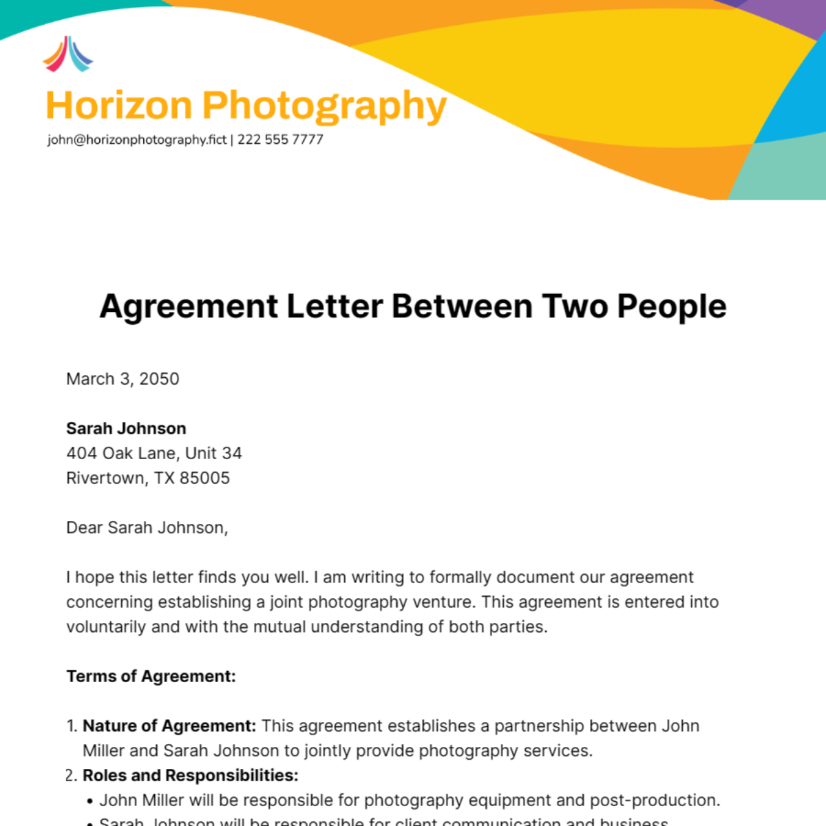 Free Agreement Letter Between Two People Template