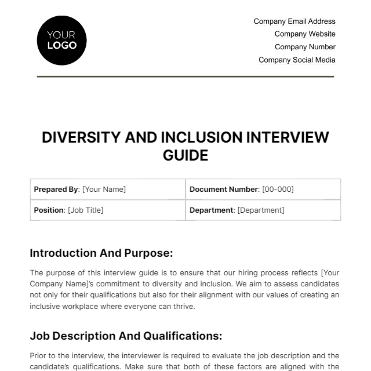 Diversity And Inclusion Interview Guide HR Template