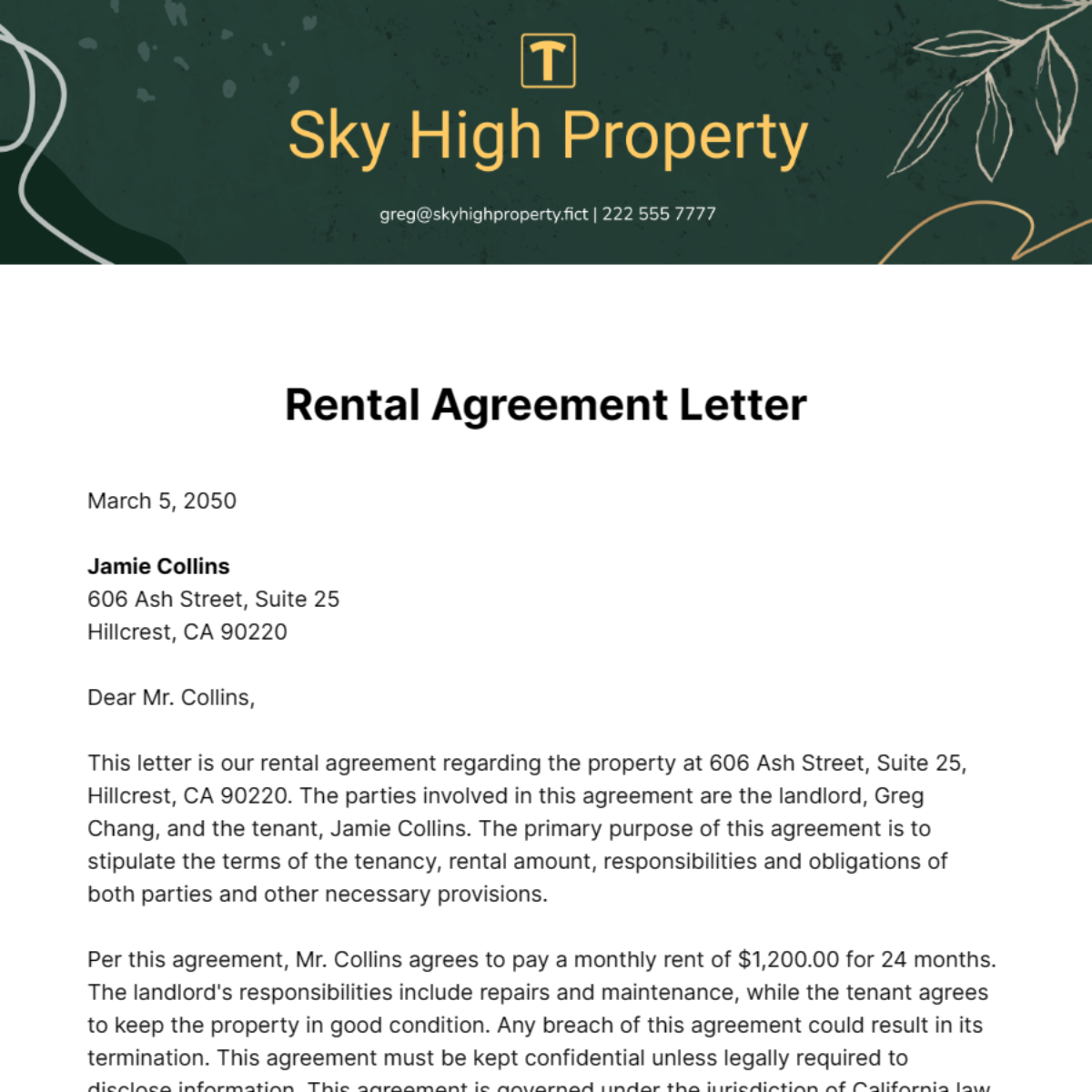 Free Rental Agreement Letter Template