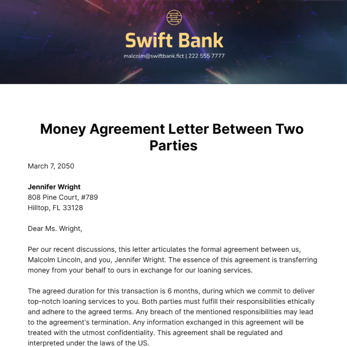 Free Money Agreement Letter Between Two Parties Template