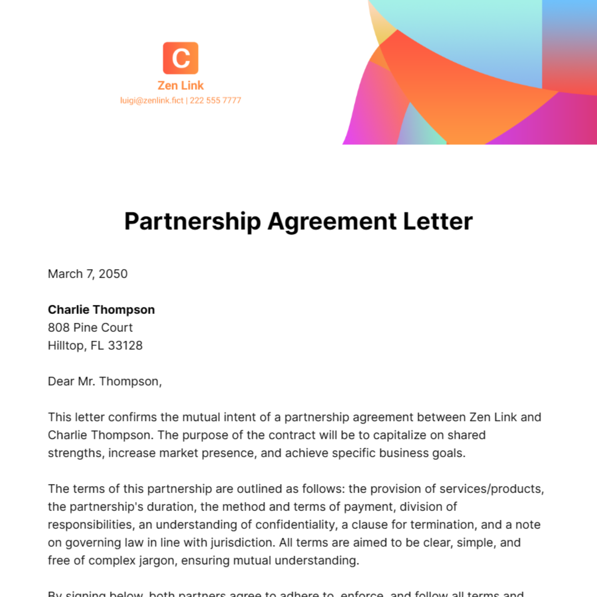 Partnership Agreement Letter Template
