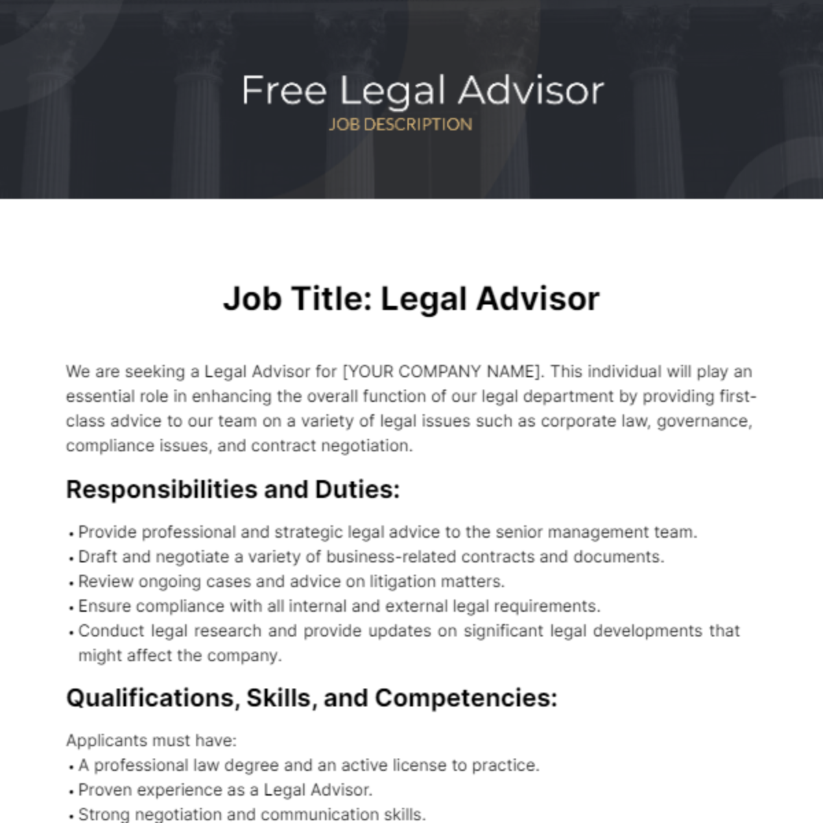 Free Legal Advisor Job Description Template