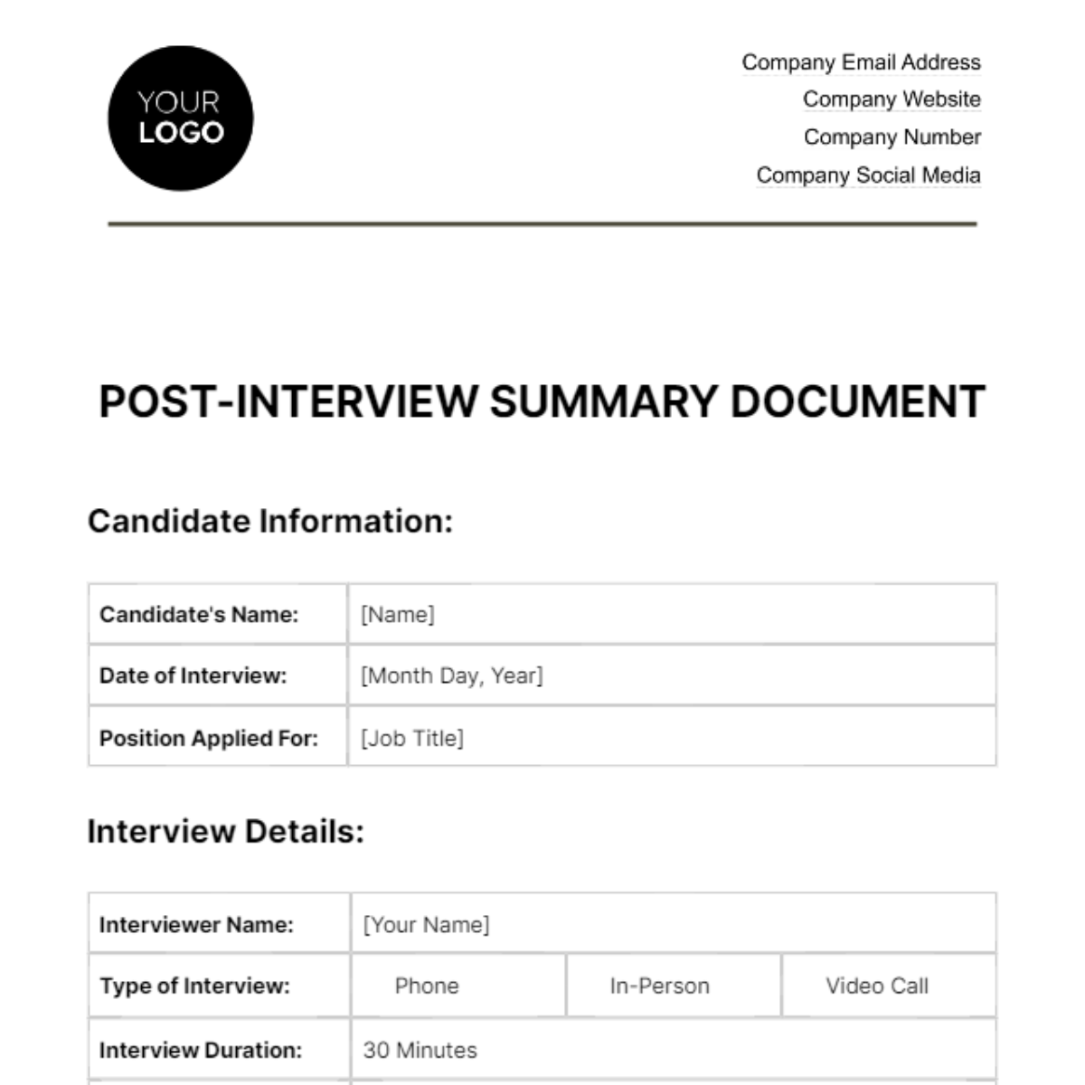 Post-Interview Summary Document HR Template