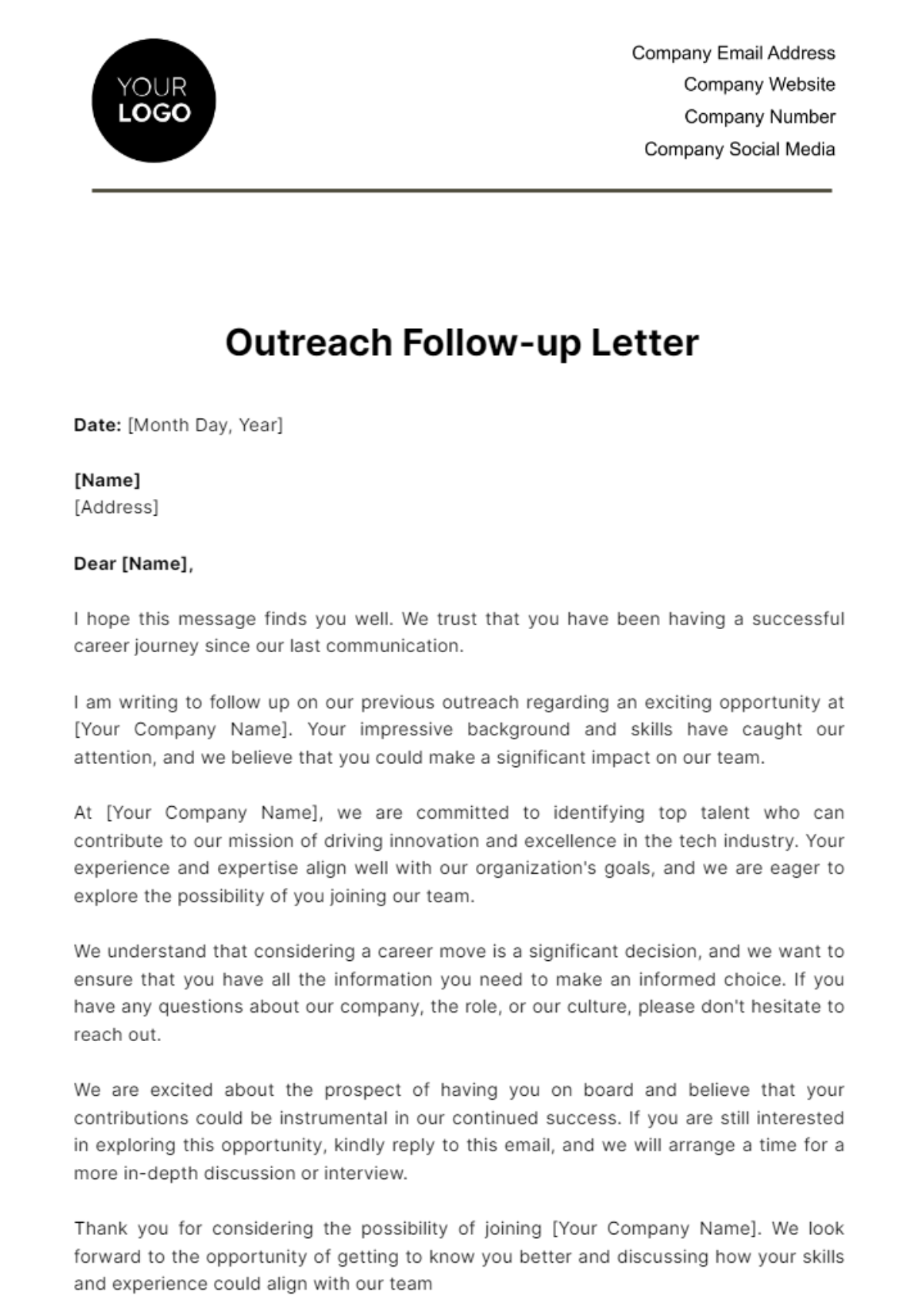 Free Outreach Follow-up Letter HR Template