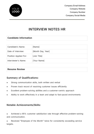Free Interview Notes HR Template to Edit Online