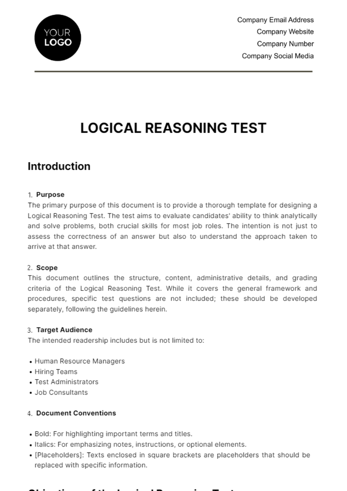 Free Logical Reasoning Test Template HR Template
