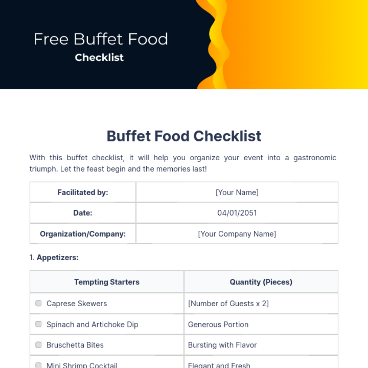 Buffet Food Checklist Template