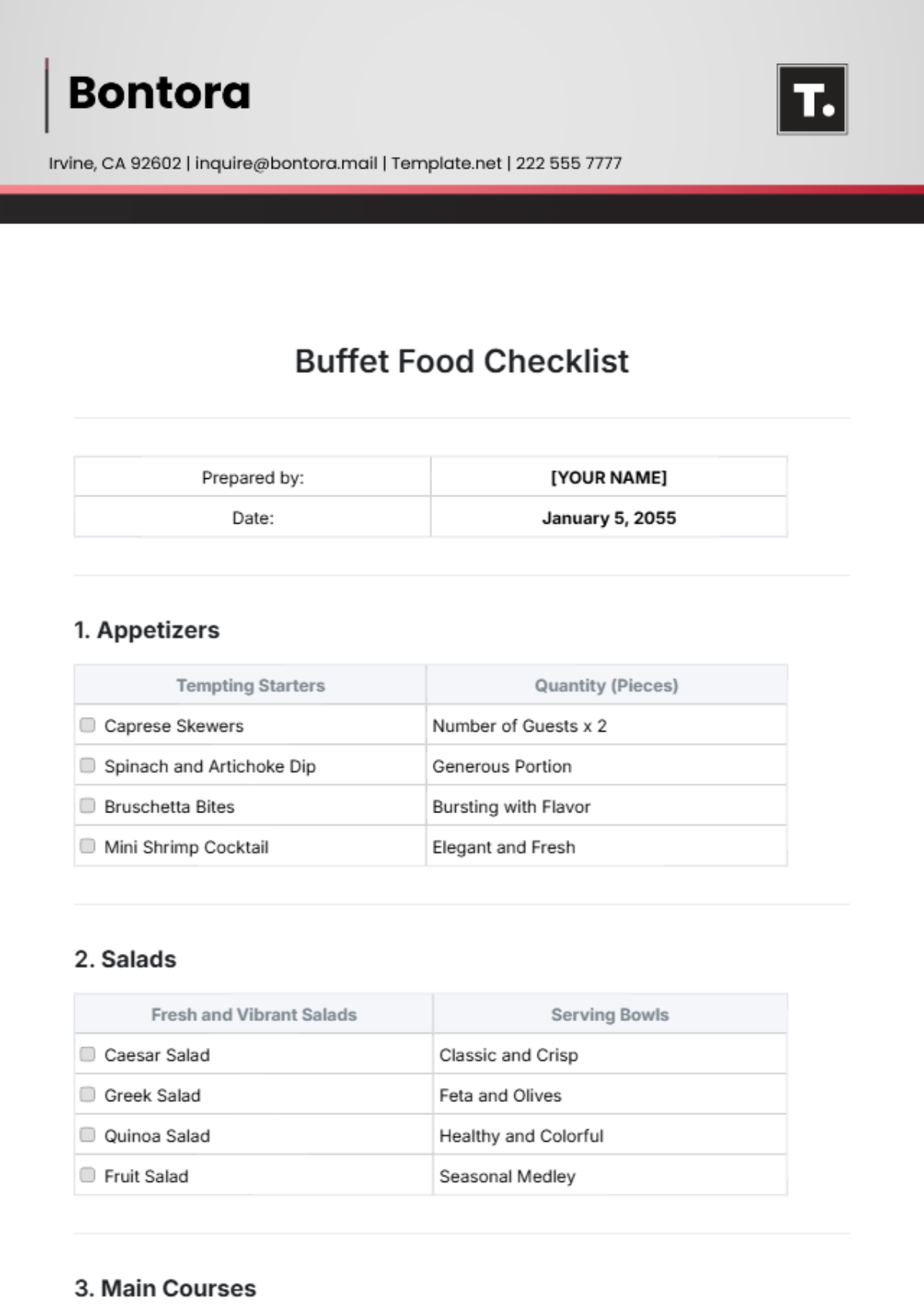 Buffet Food Checklist Template - Edit Online & Download