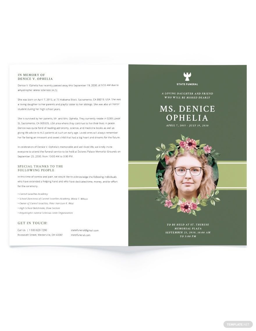 Sample Funeral Obituary Bi-fold Brochure Template