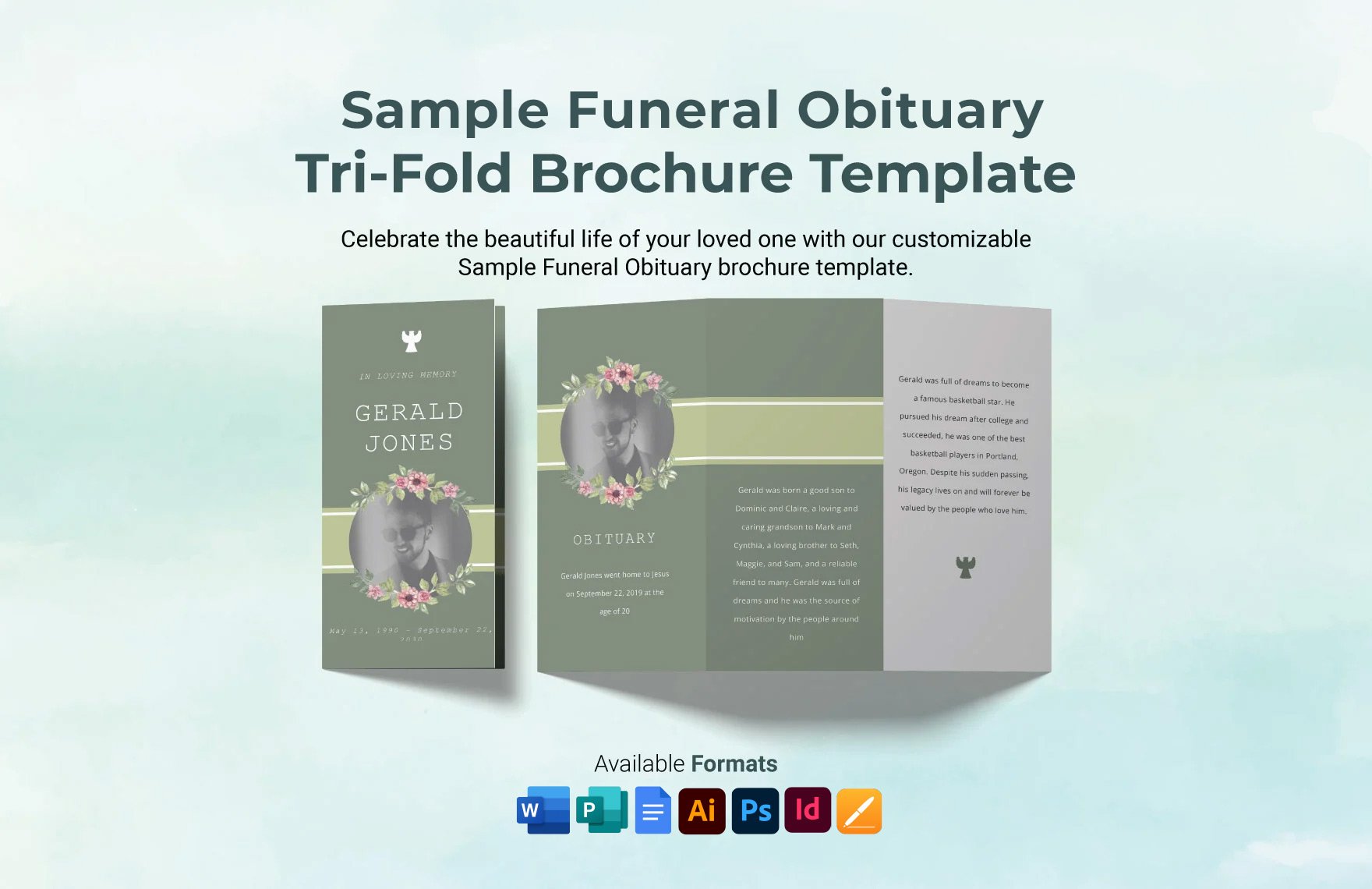 Free Sample Funeral Obituary Tri-Fold Brochure Template in Word, Google Docs, Illustrator, PSD, Apple Pages, Publisher, InDesign