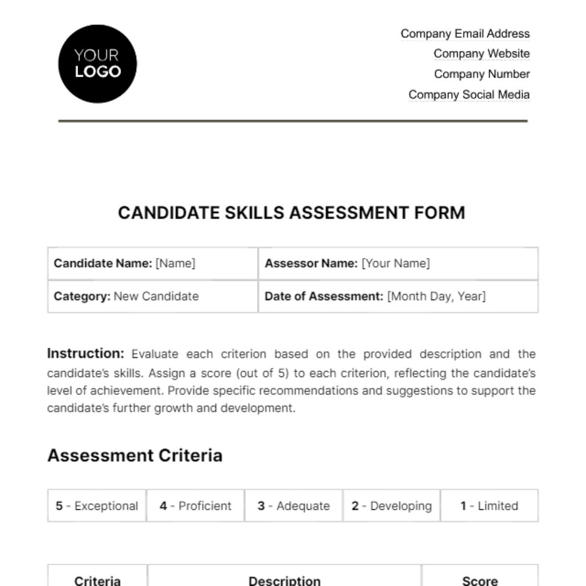 Free Candidate Skills Assessment HR Template