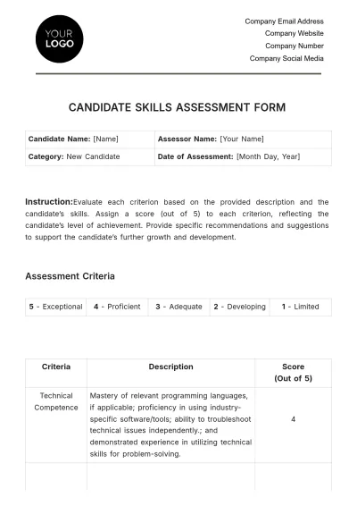 Free Candidate Skills Assessment HR Template to Edit Online