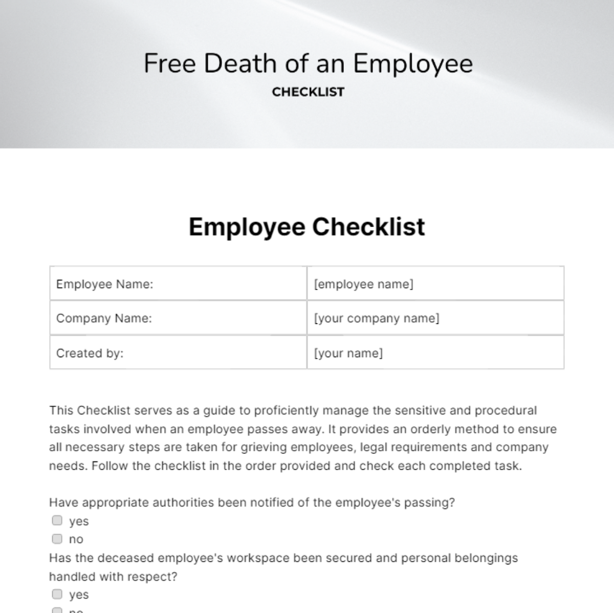 Death of an Employee Checklist Template