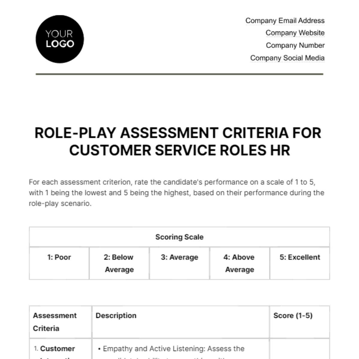 Free Role-play Assessment Criteria for Customer Service Roles HR Template
