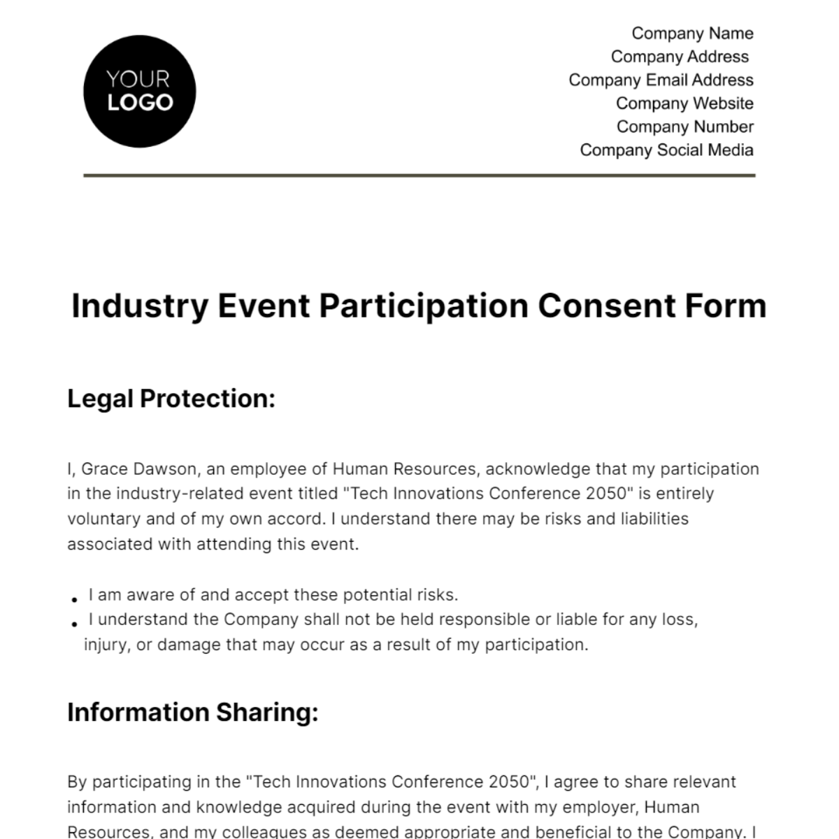 Free Industry Event Participation Consent Form HR Template