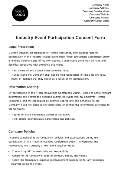 Free Industry Event Participation Consent Form HR Template to Edit Online