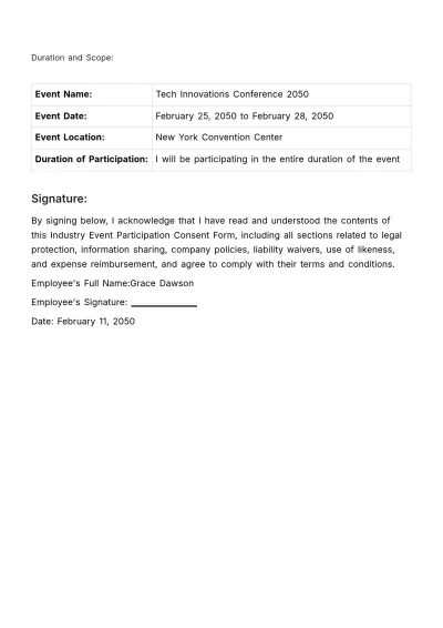 Free Industry Event Participation Consent Form HR Template to Edit Online