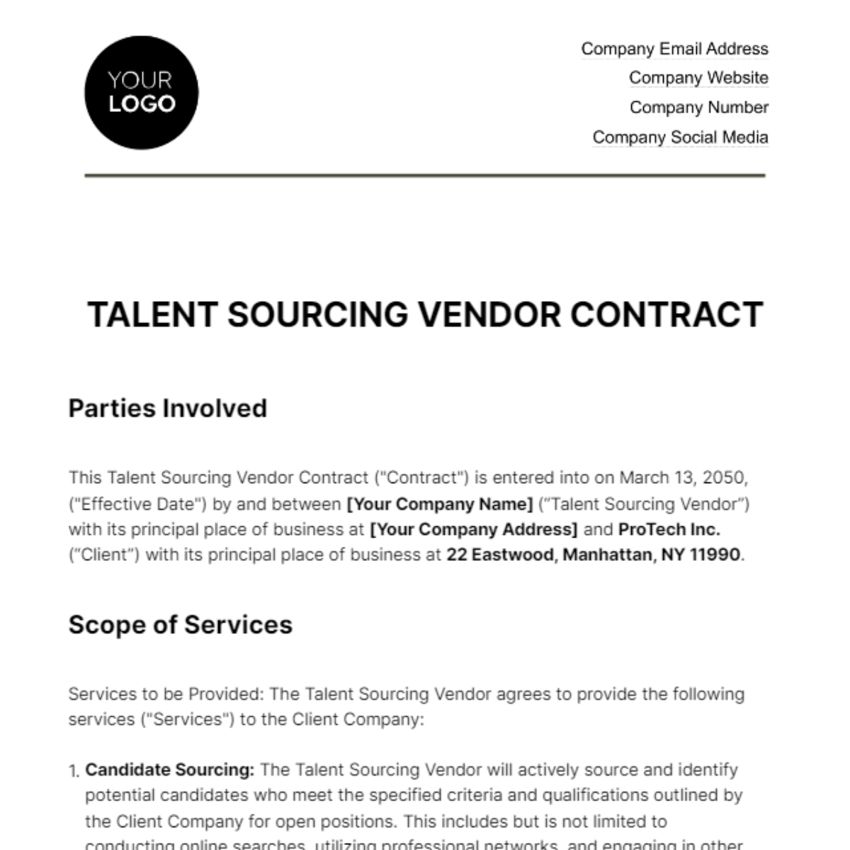 Talent Sourcing Vendor Contract HR Template