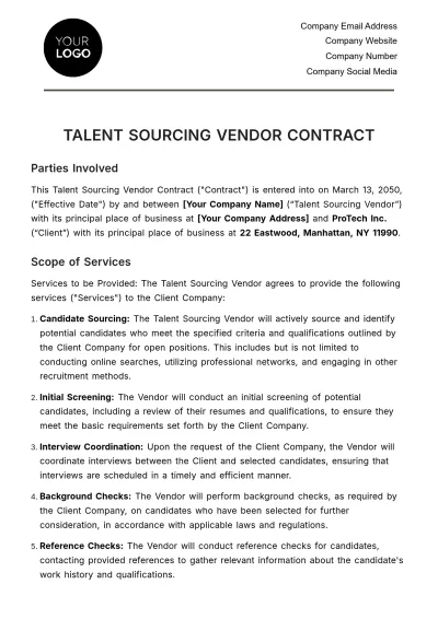 Free Talent Sourcing Vendor Contract HR Template to Edit Online