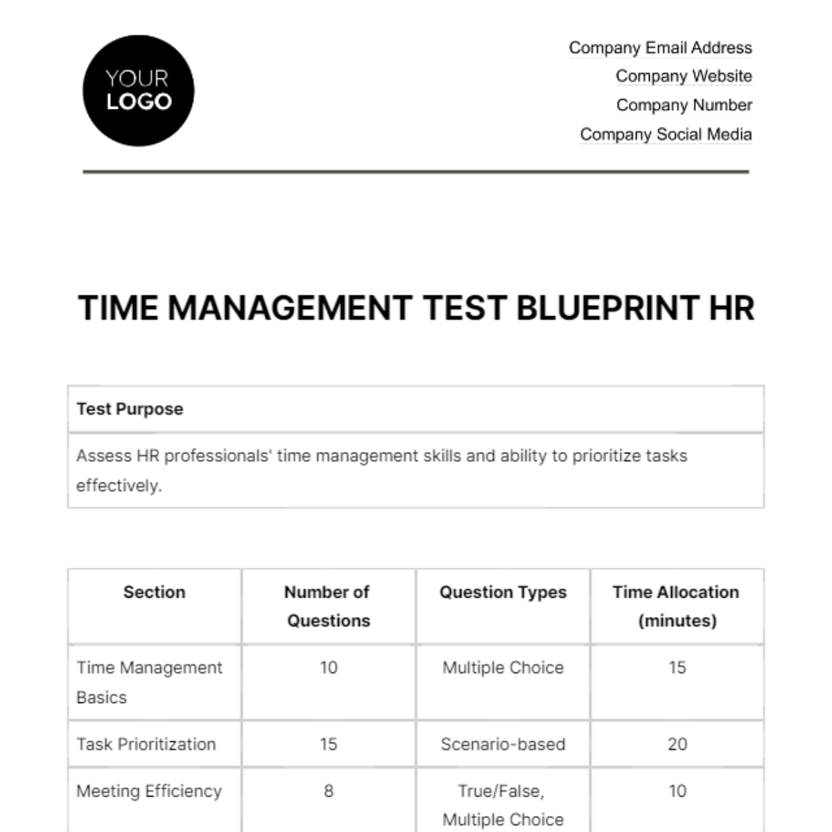 Free Time Management Test Blueprint HR Template