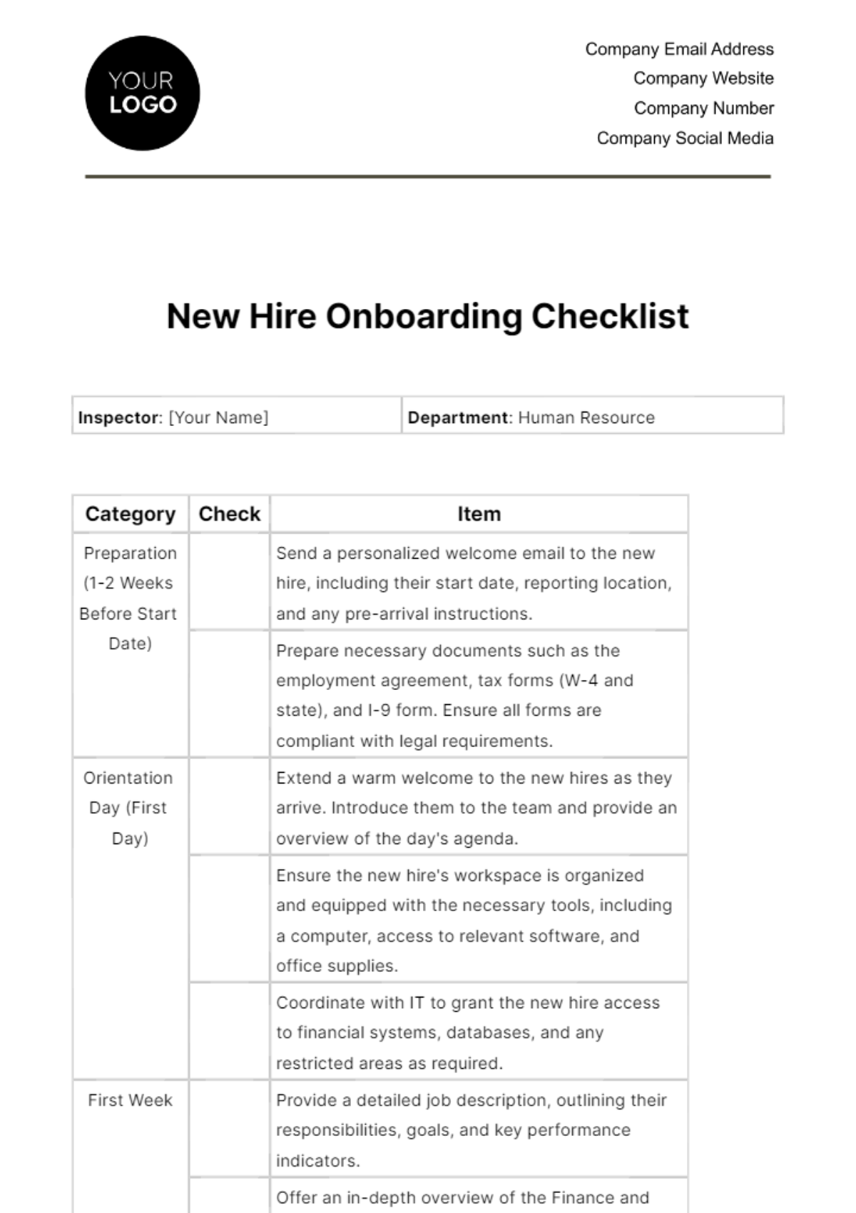 Free New Hire Onboarding Checklist HR Template