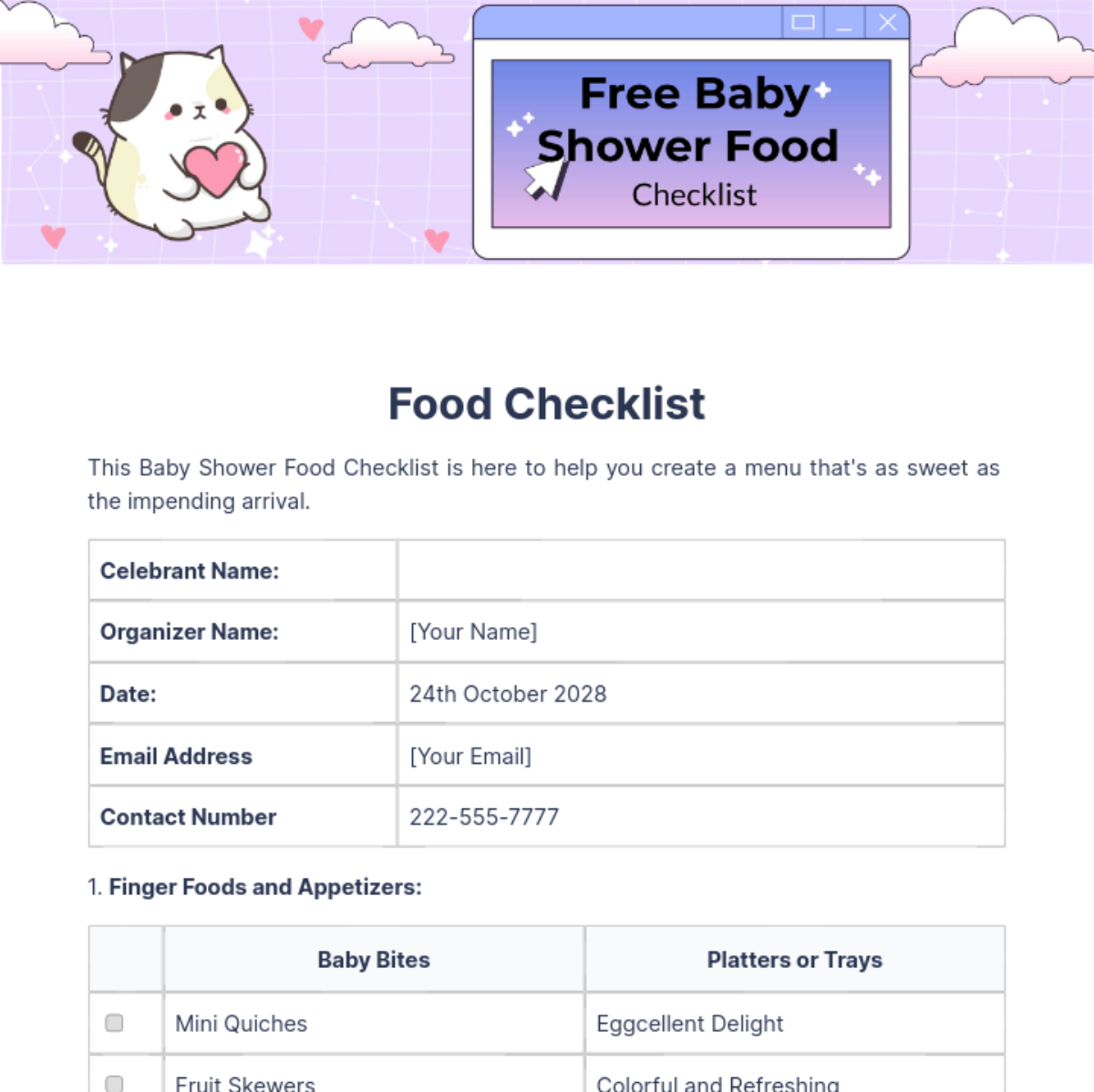 Free Baby Shower Food Checklist Template
