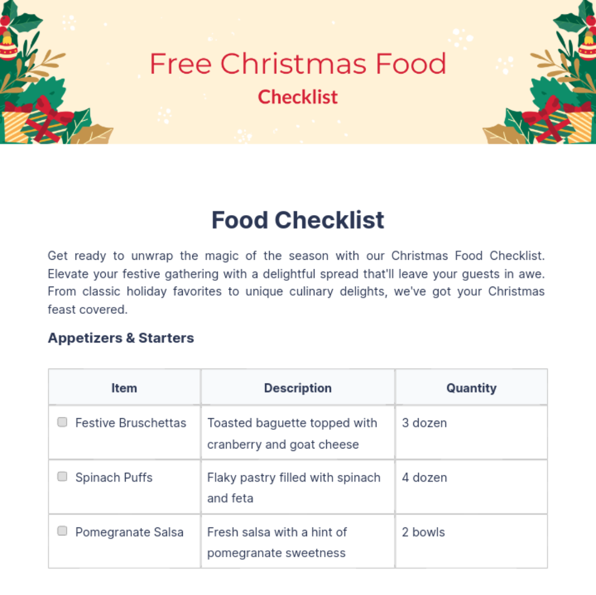 Christmas Food Checklist Template