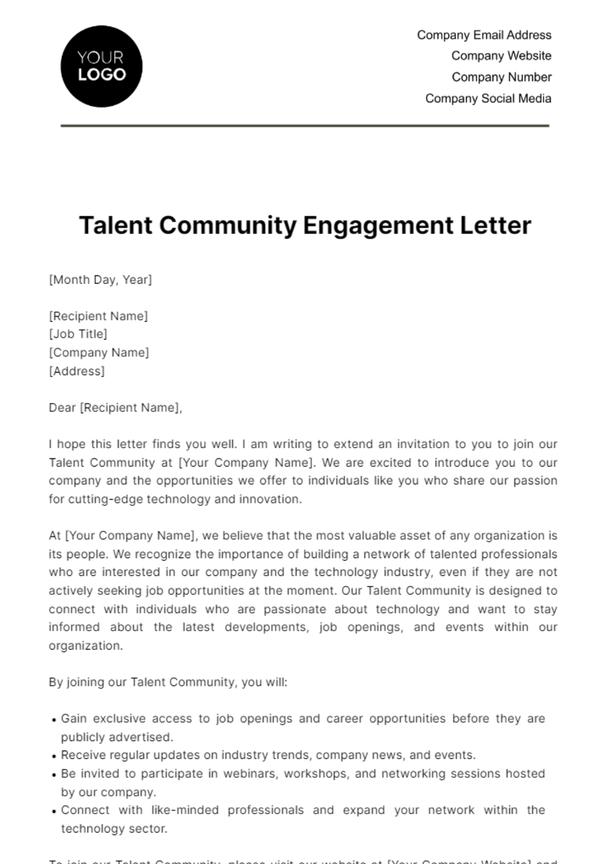Talent Community Engagement Letter HR Template