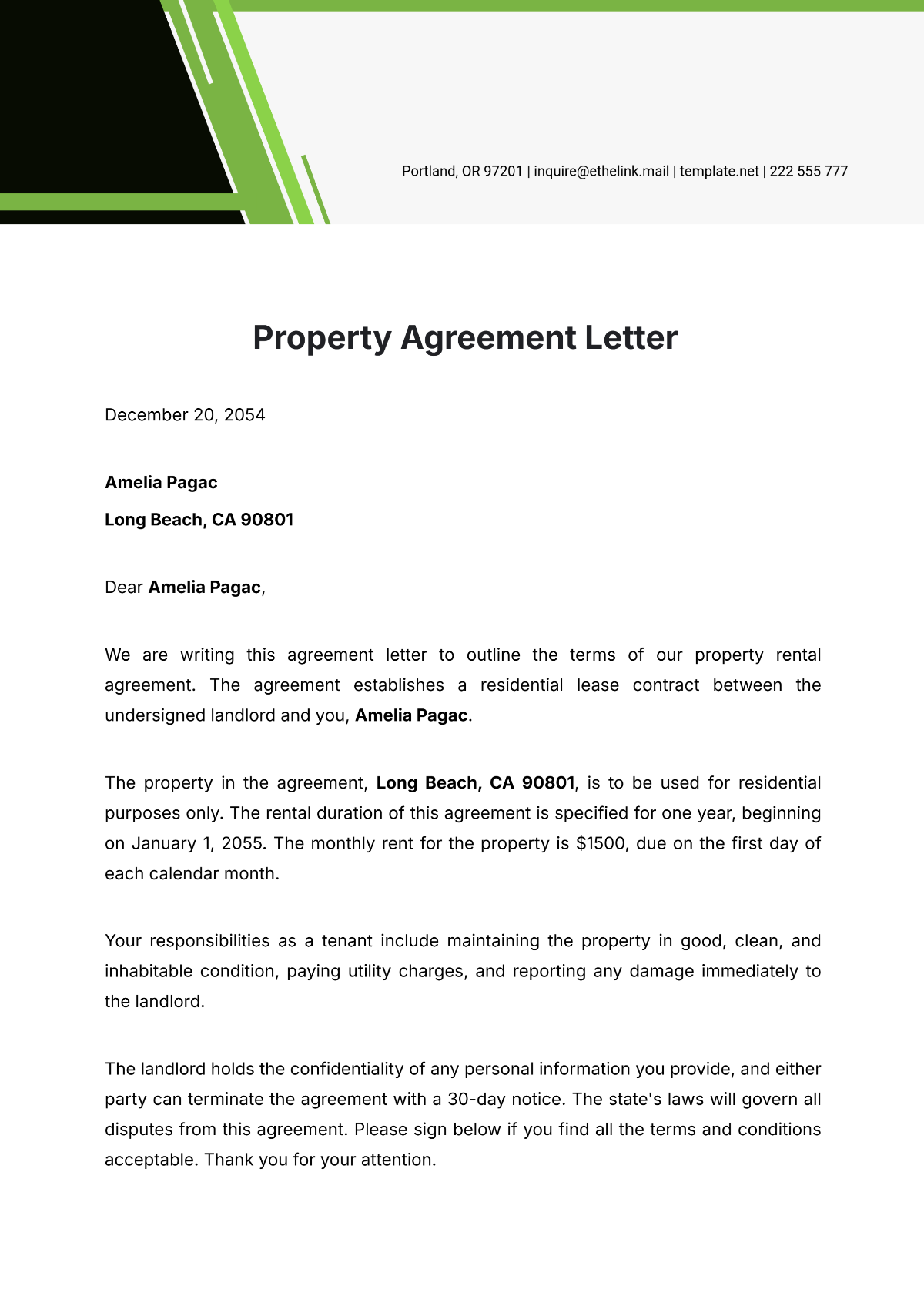 Property Agreement Letter Template - Edit Online & Download