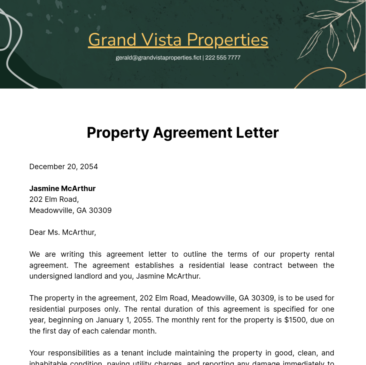 Free Property Agreement Letter Template