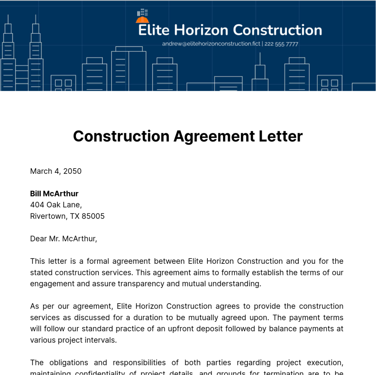 Free Construction Agreement Letter Template