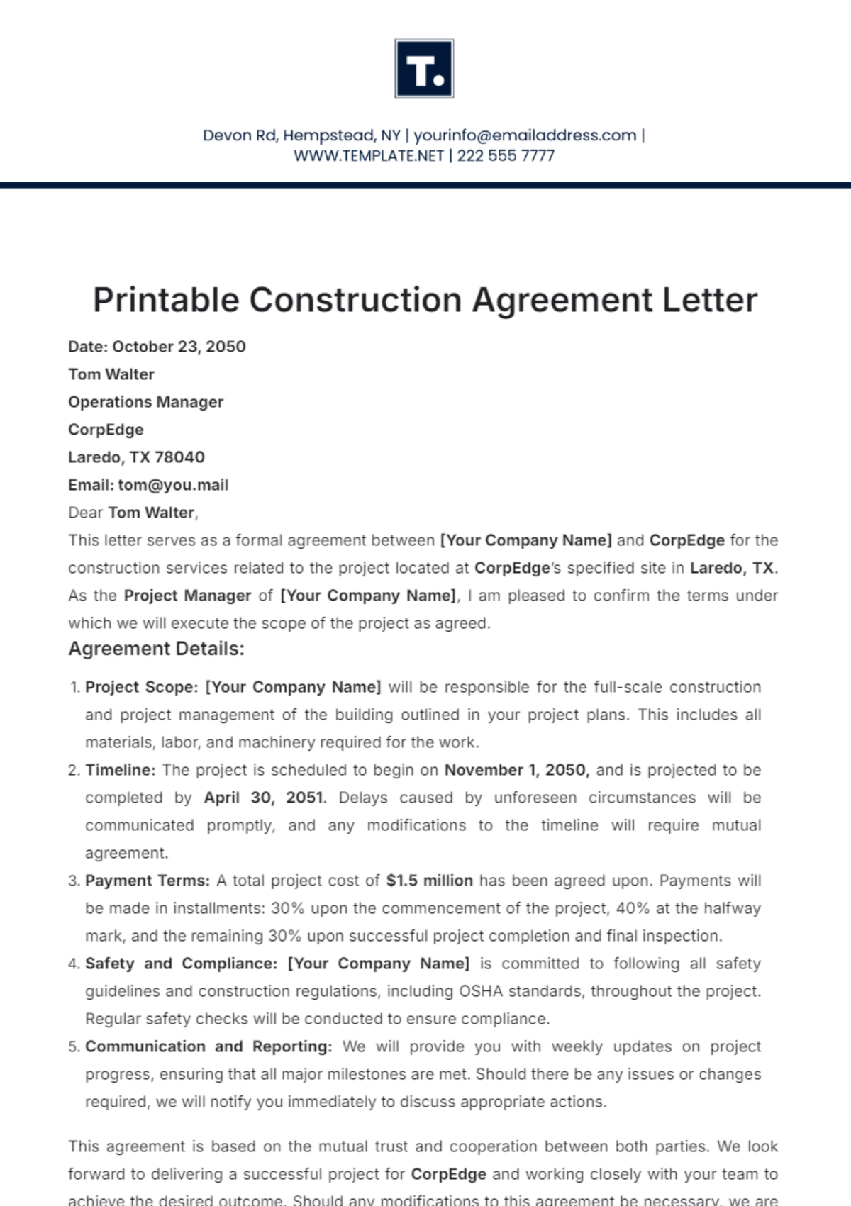 Printable Construction Agreement Letter Template - Edit Online & Download