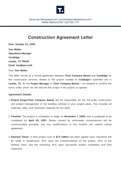 Free Printable Construction Agreement Letter Template to Edit Online