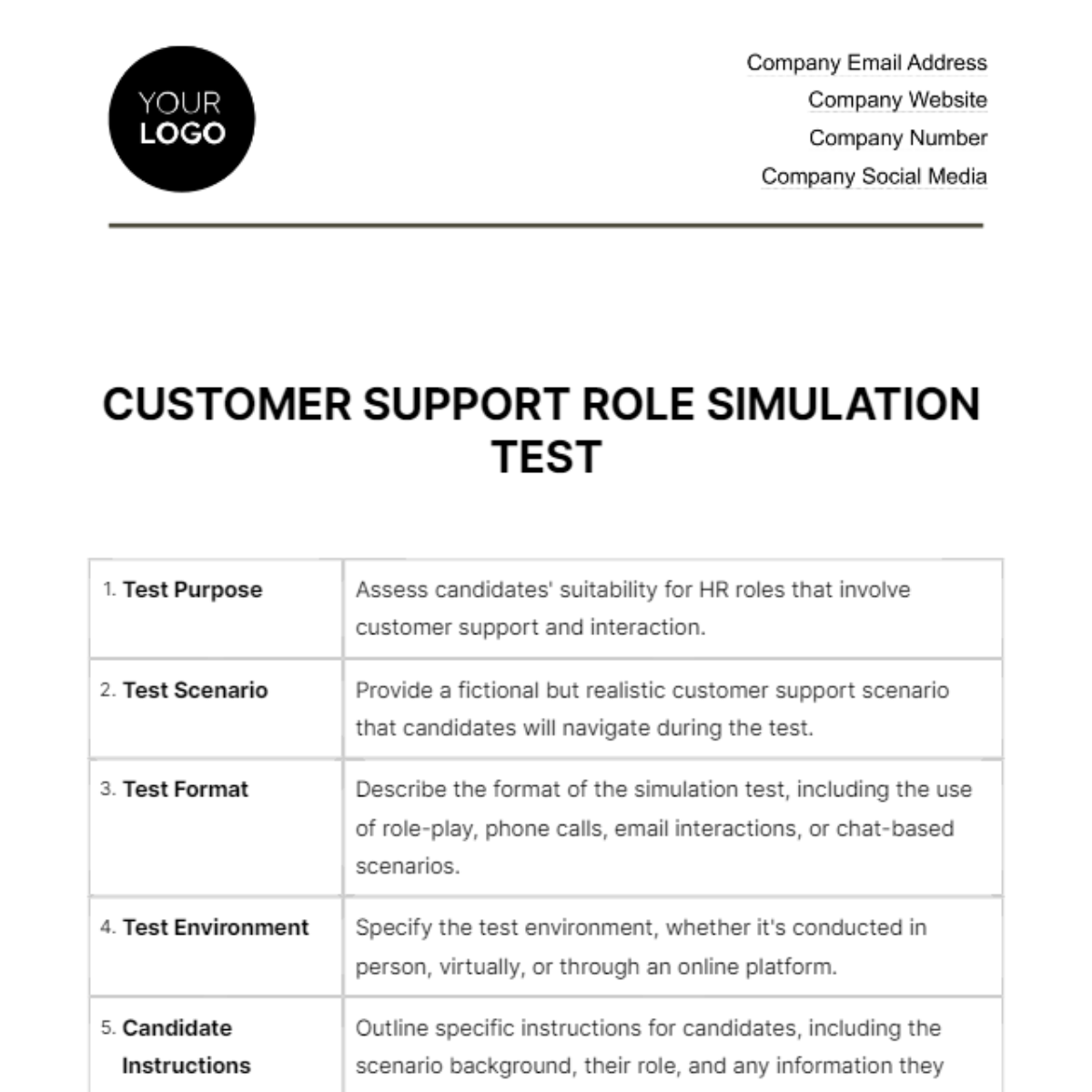 Free Customer Support Role Simulation Test HR Template