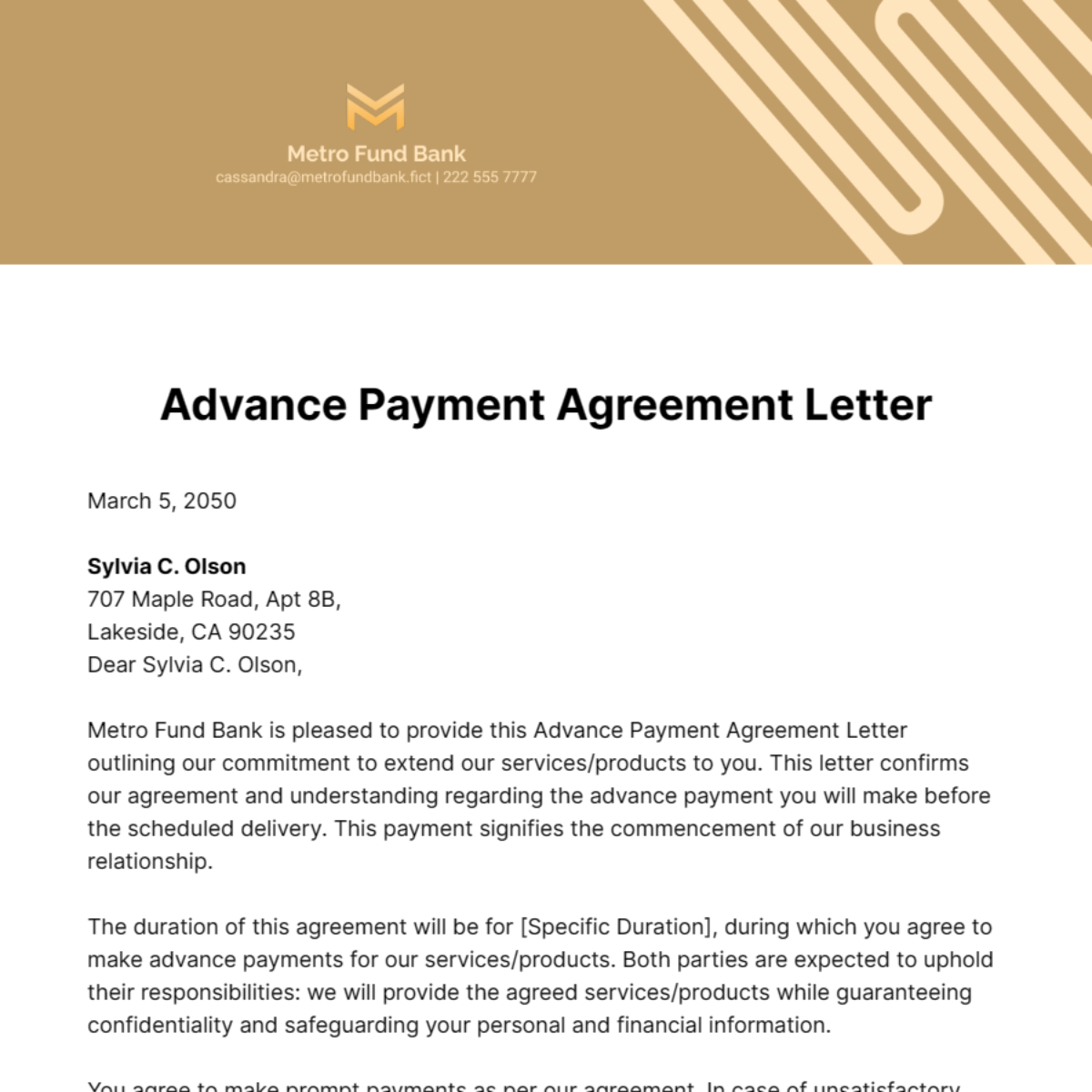 Advance Payment Agreement Letter Template