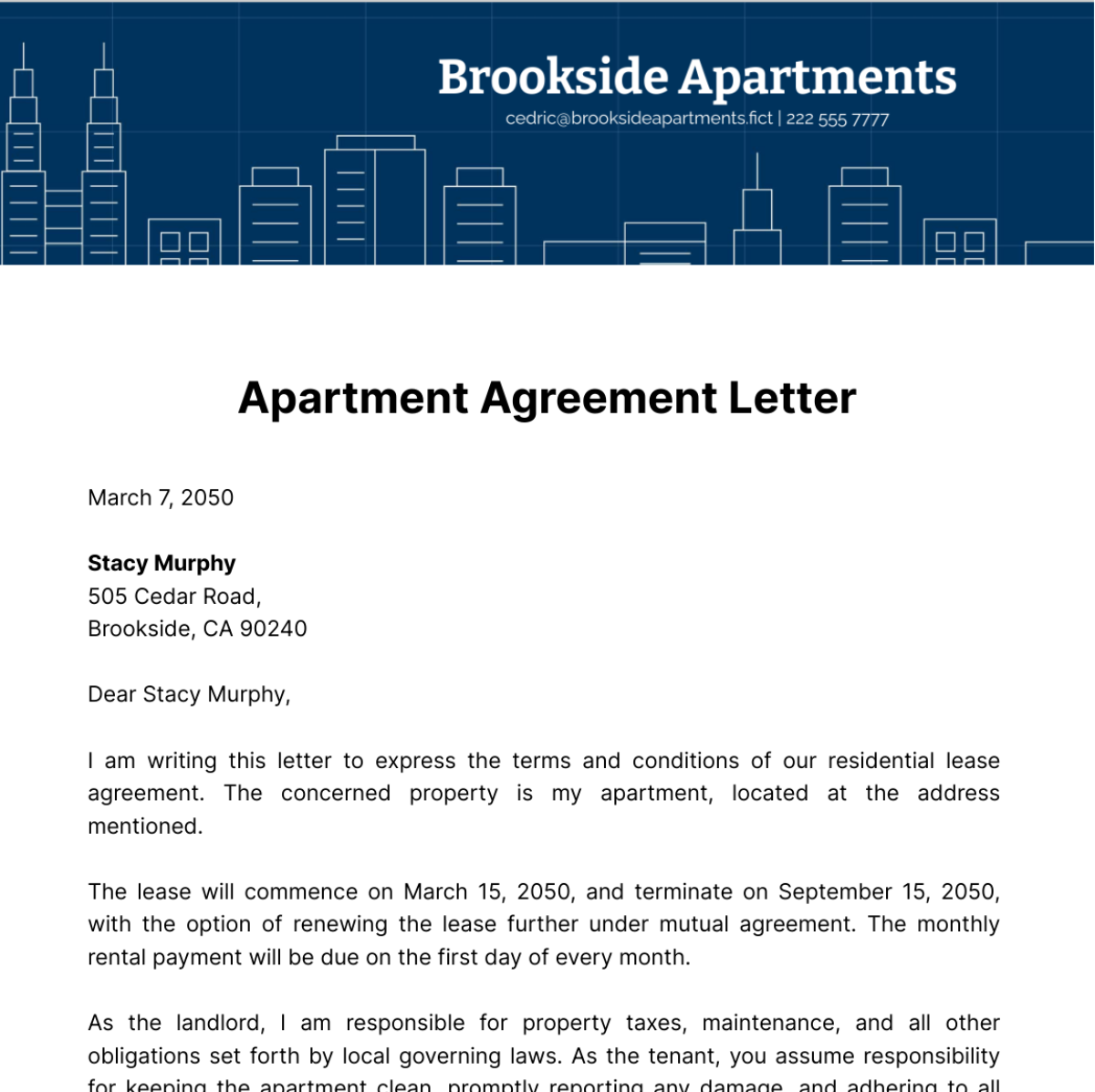Free Apartment Agreement Letter Template