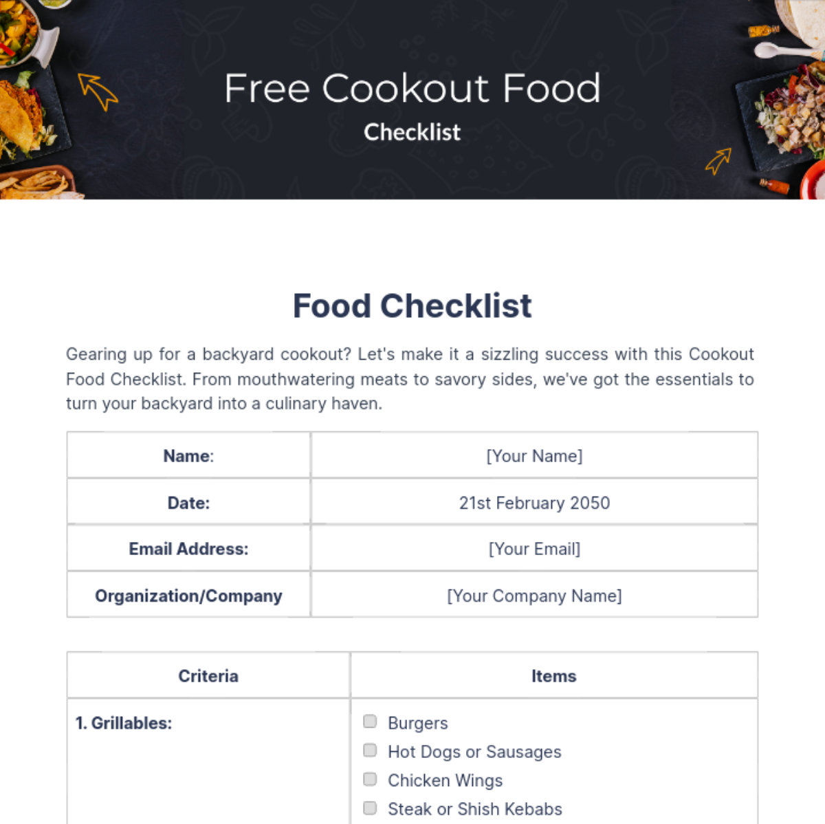 Cookout Food Checklist Template