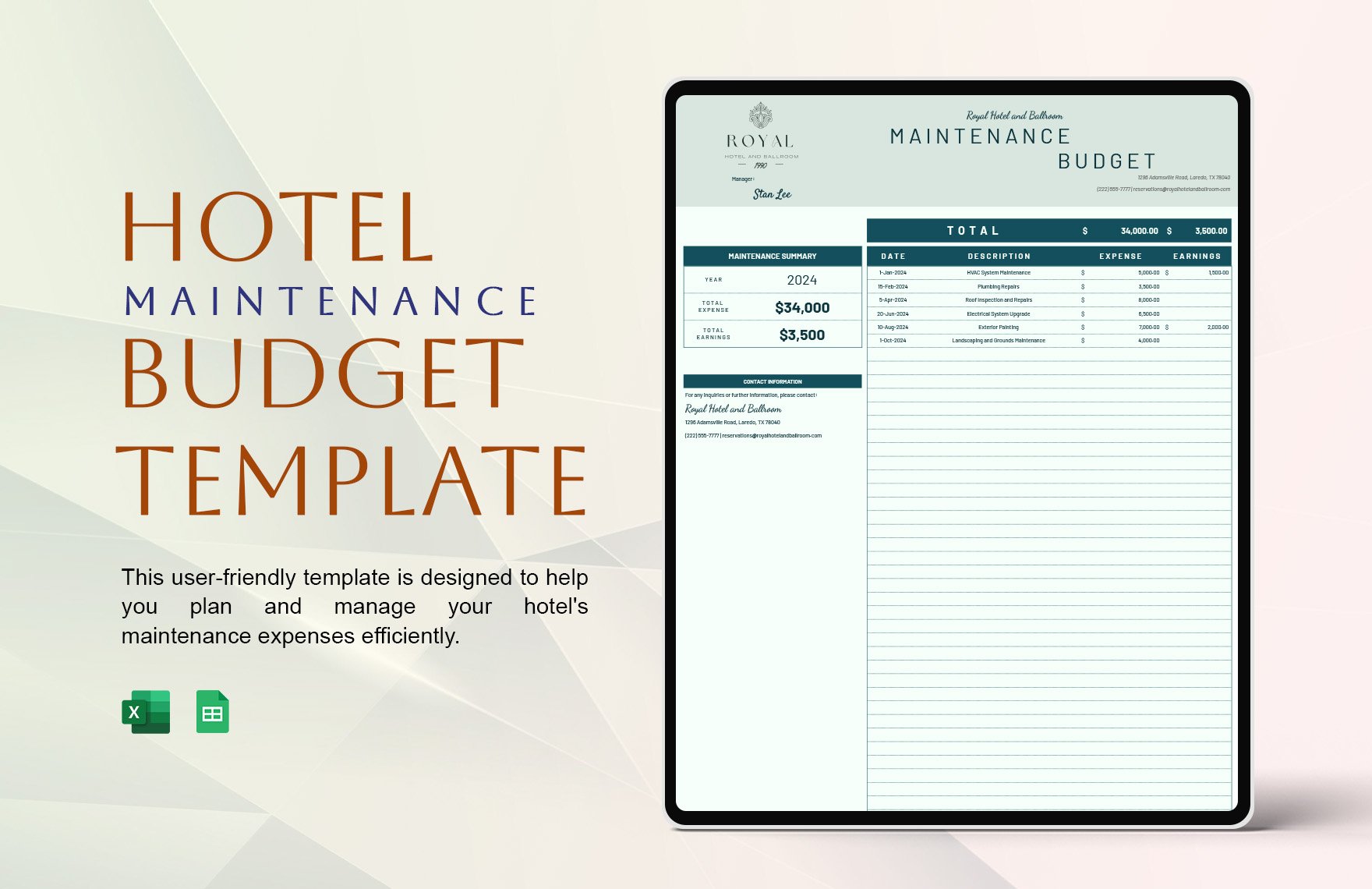 Hotel Maintenance Budget Template