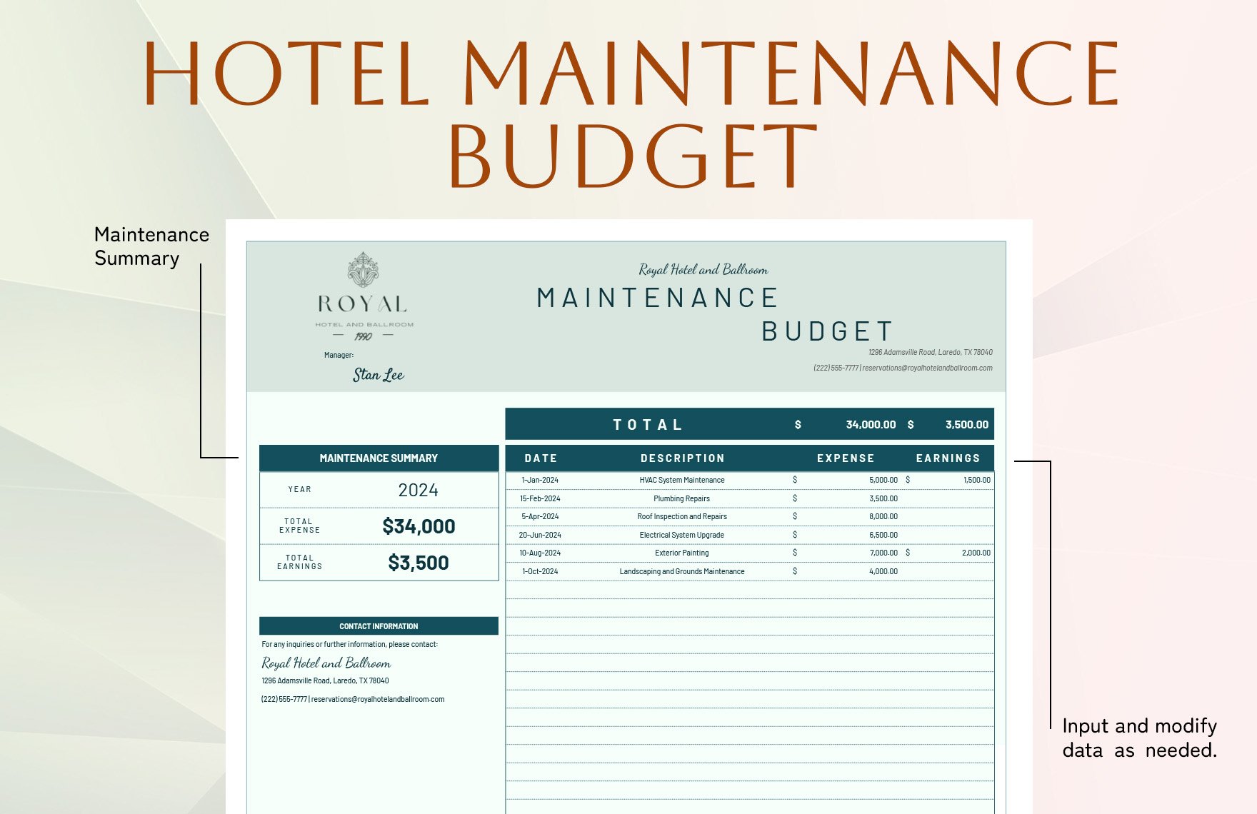 Hotel Maintenance Budget Template