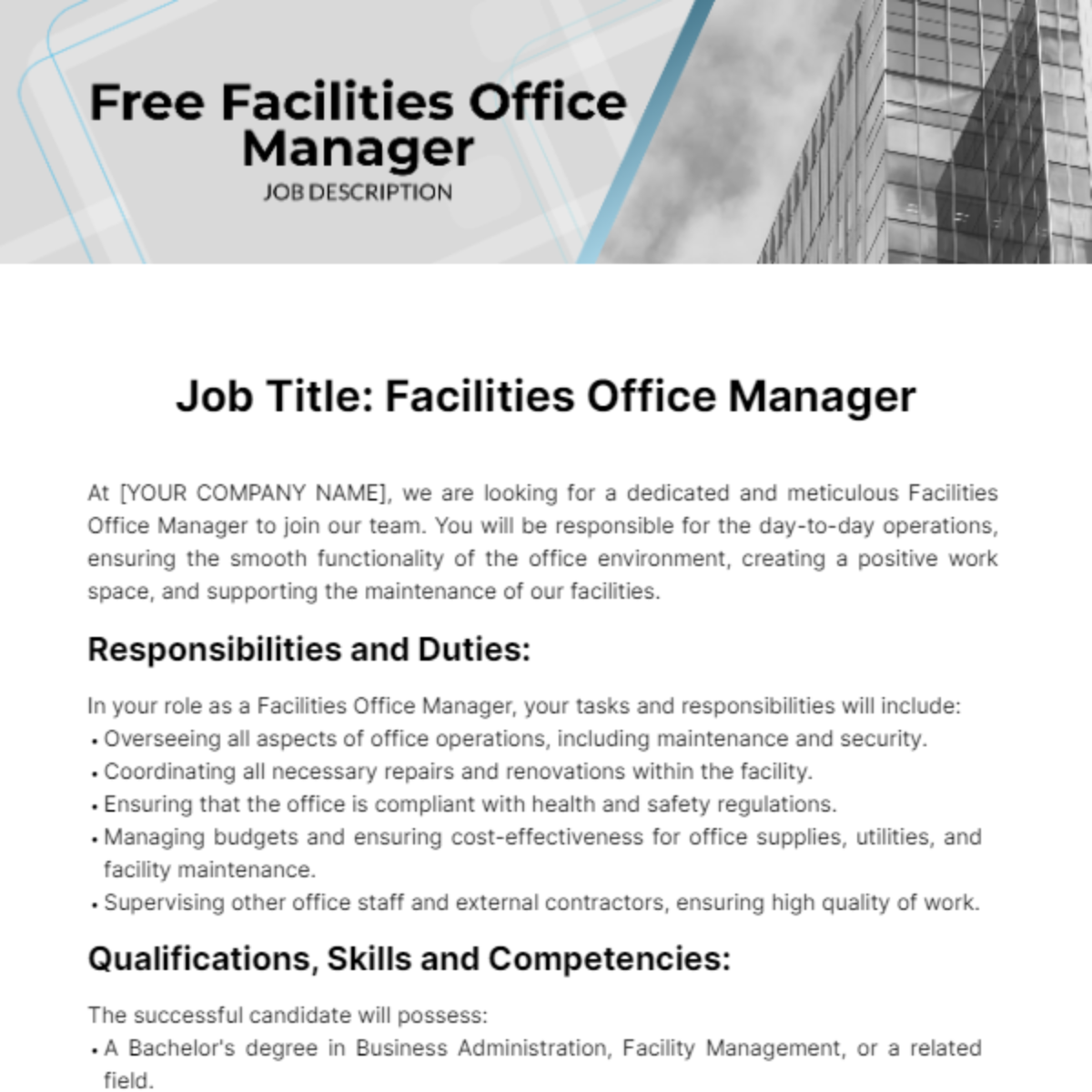 Free Facilities Office Manager Job Description Template
