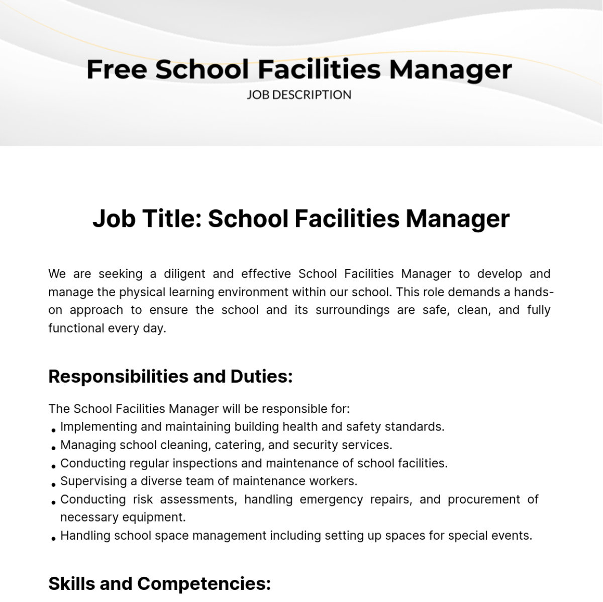 School Facilities Manager Job Description Template