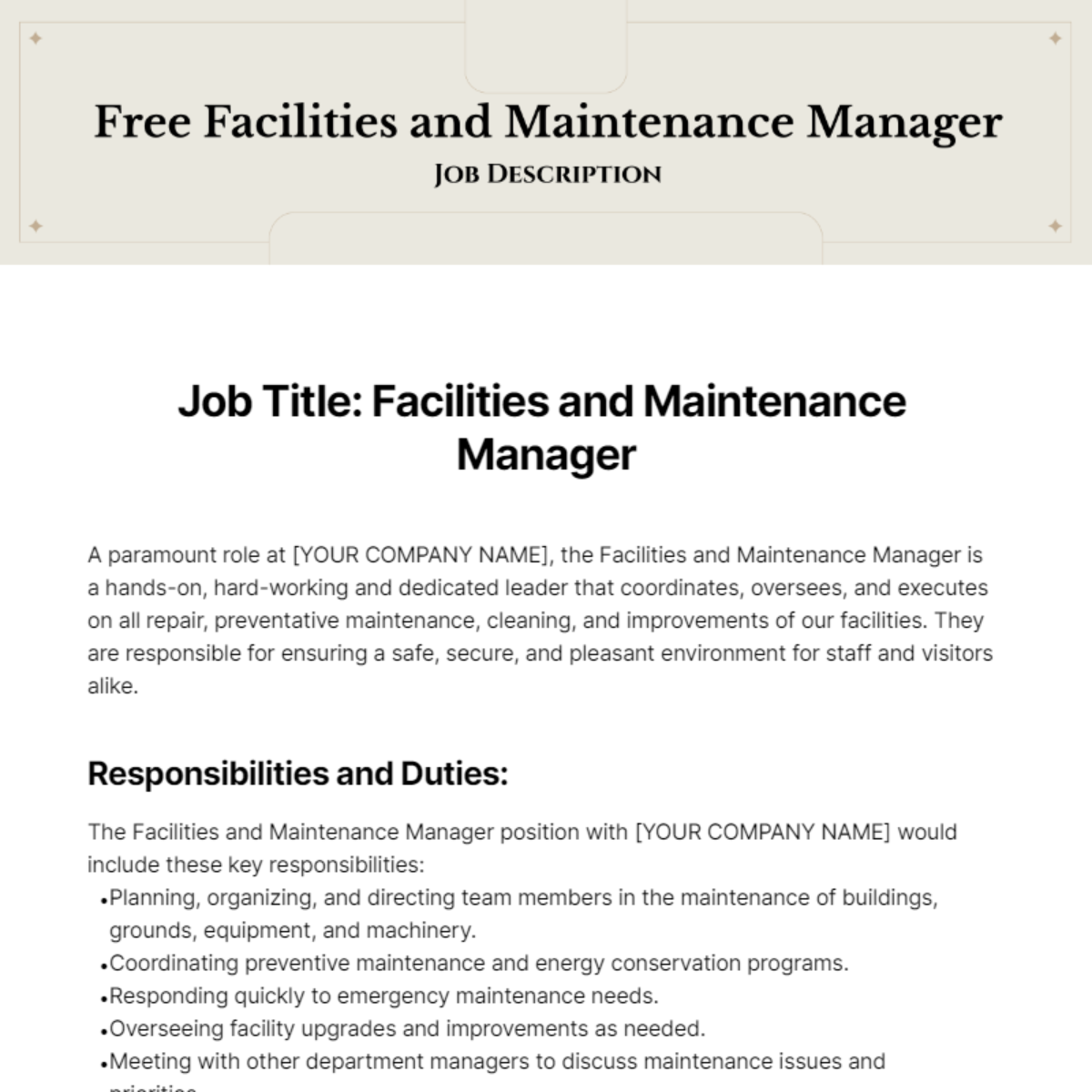 Free Facilities and Maintenance Manager Job Description Template